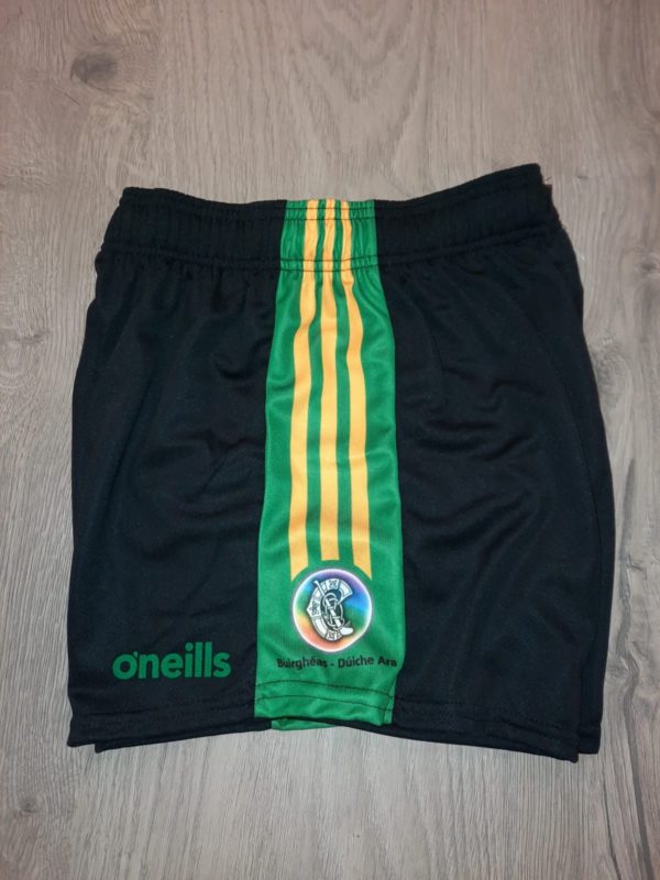 Burgess Duharra Buirghéas Dúiche Ara Camogie Club O'Neills Shorts Black/Green /Yellow Stripe (Kids / Adults)