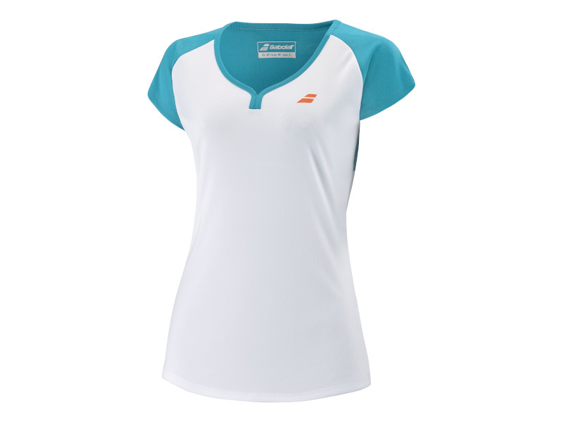 Babolat Play Cap Sleeve Tennis Tee Top White/ Caneel Blue (Kids/Girls)