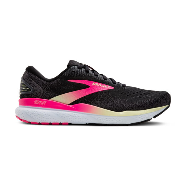 Brooks Ghost 16 Running Shoe Black/Pink/Yellow D – Wide Fit (Womens)