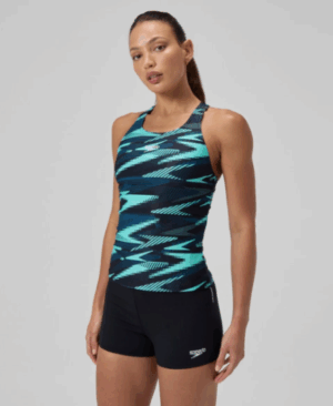 Speedo Hyperboom Splice Tankini 2 Piece Swimsuit Artic Glass Black Aqua (Women’s)