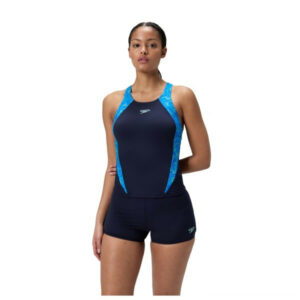Speedo Hyperboom Splice Tankini 2 Piece Swimsuit Blue Lagoon Black (Women’s)