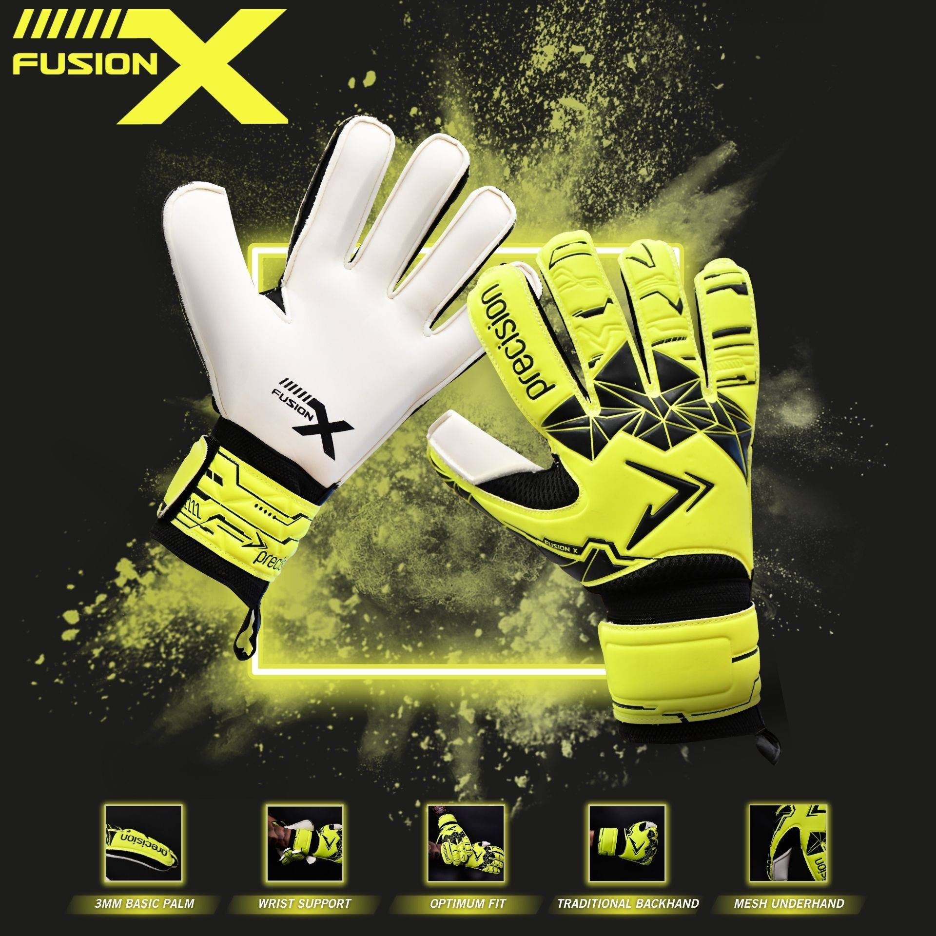 Precision Fusion X Flat Cut Essential Goalkeeper Gloves Yellow Black - Image 2