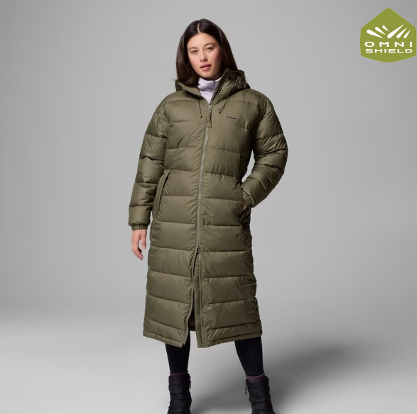 Columbia Pike Lake™ III Long Hooded Puffer Jacket | Stone Green (Women's)